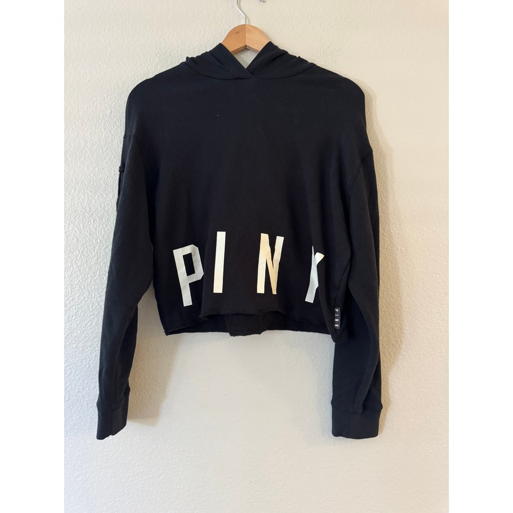 PINK Victoria's Secret Cropped Hoodie Lace Up Sleeves XS Black Excellent